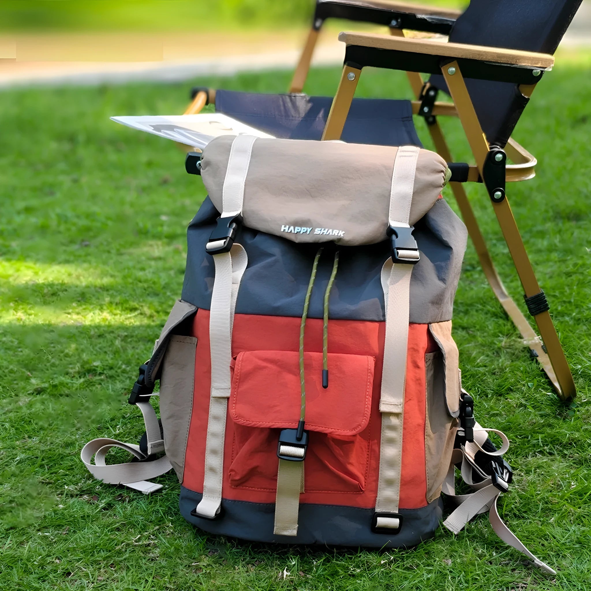 Orange and green contrast colour large nylon backpack with multiple compartments on a plain background.