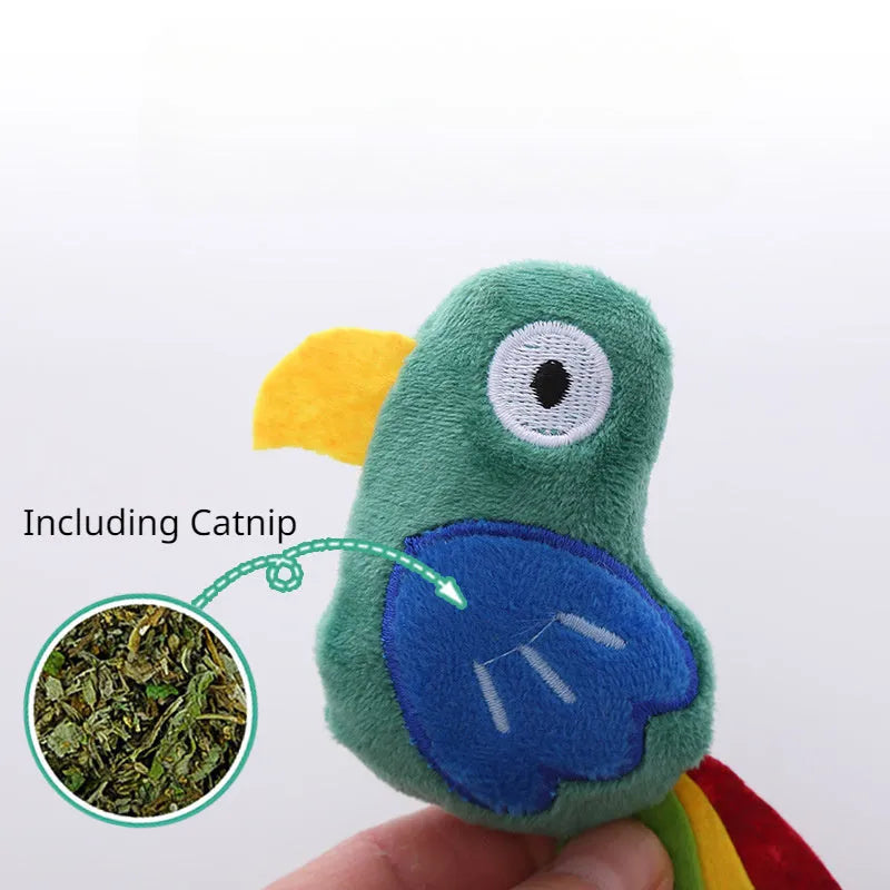 Plush cat toy shaped like a cow, parrot, or crocodile with catnip for interactive play
