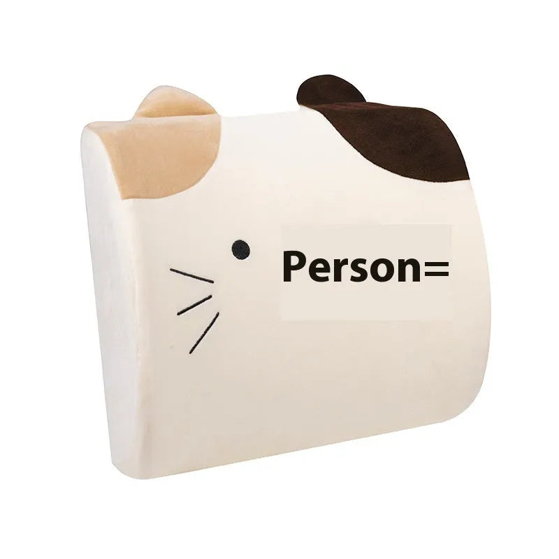 Cartoon cat memory foam lumbar back pillow in beige with embroidered details and tassels, removable cover
