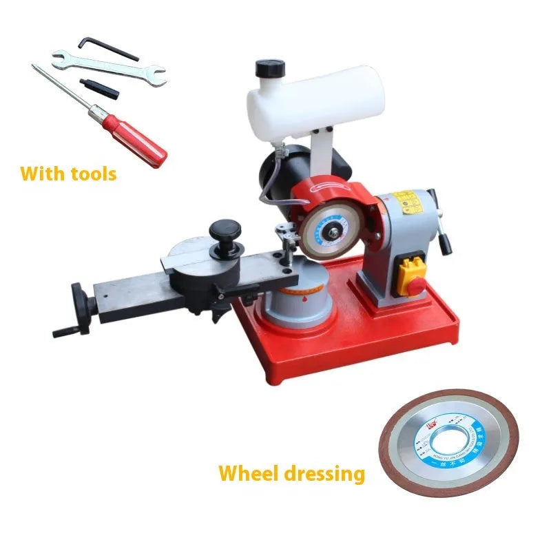 Sharpedge grinding machine for sharpening alloy circular saw blades on a workshop bench.