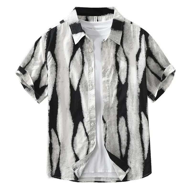 Retro striped cotton short sleeve shirt in black and brown colours with loose fit