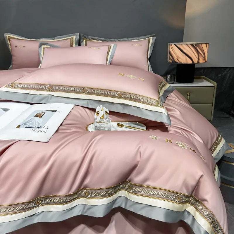 All-cotton four-piece bedding set with quilt cover, bed sheet and pillowcase in four colours
