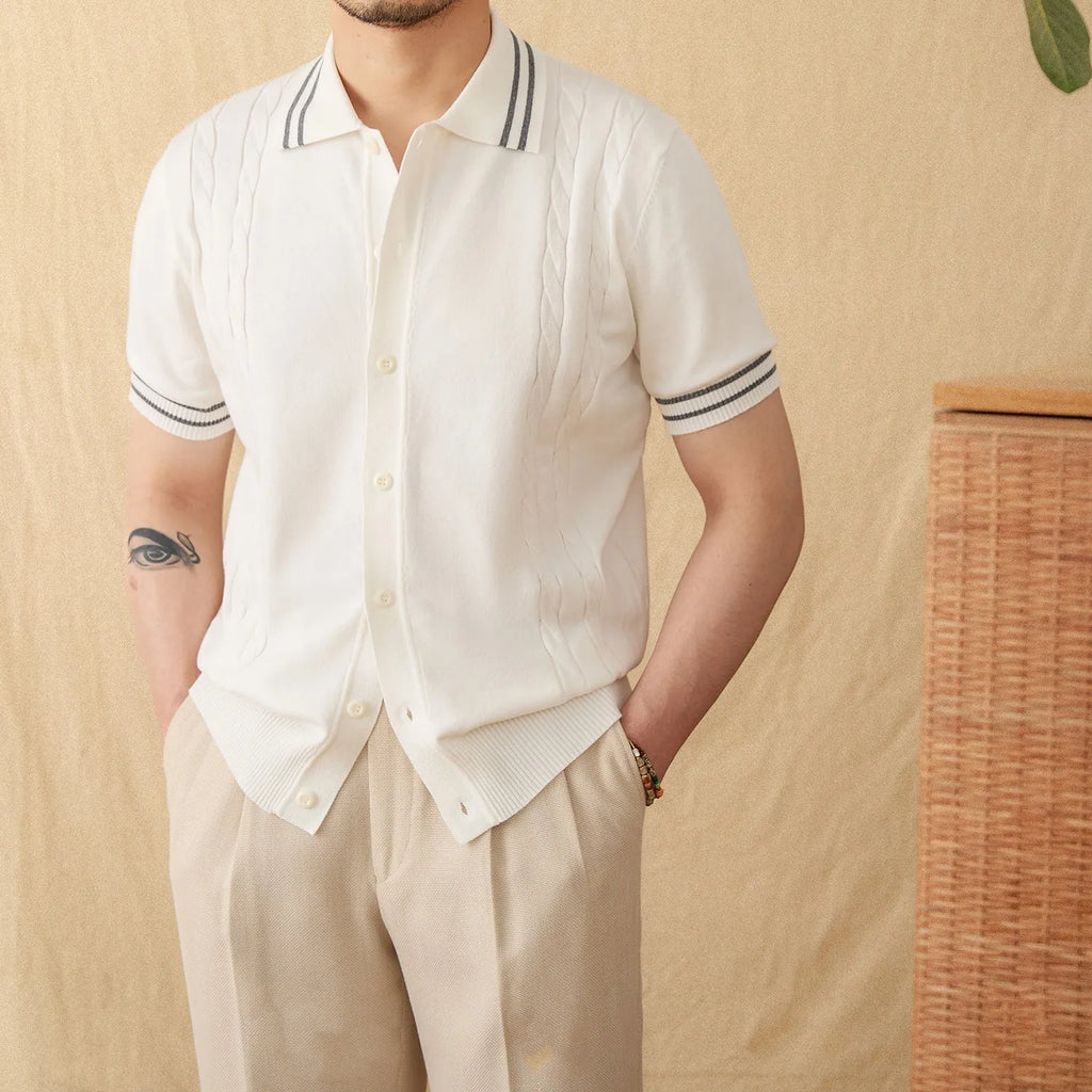 Cotton blend short-sleeved lapel polo shirt in apricot, coffee, and white colours