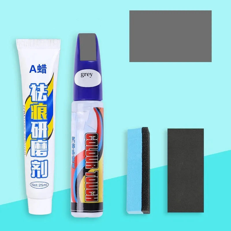 Automotive paint repair pen kit with scratch removal fluid and touch-up paint in universal colours