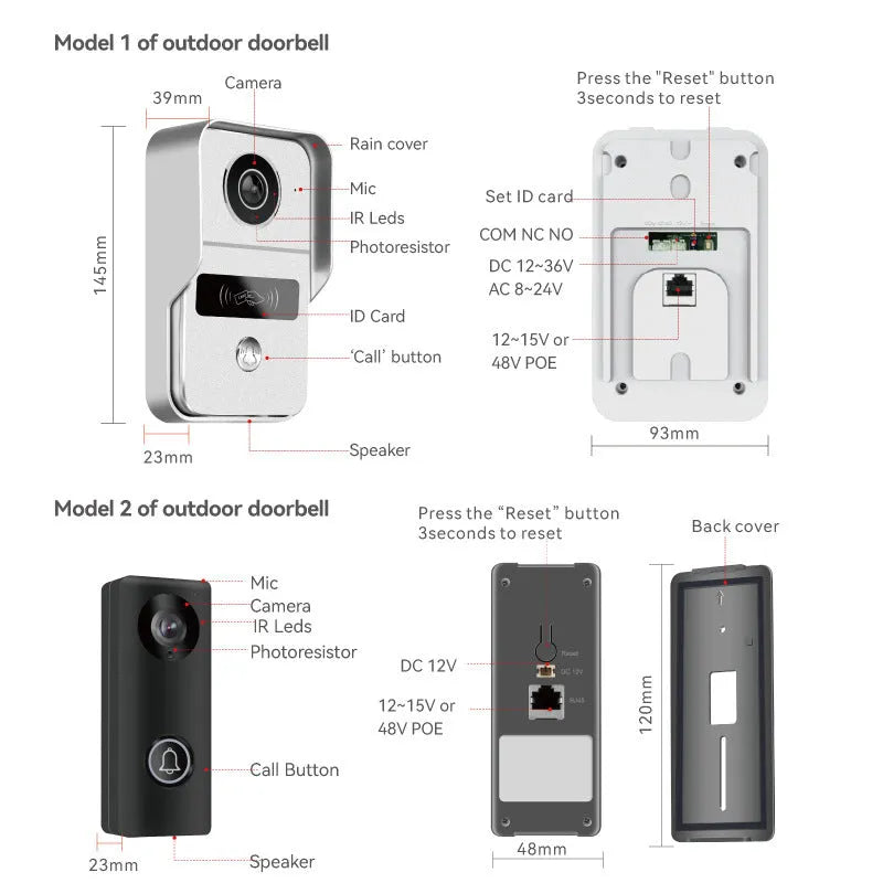 1080P video intercom doorbell system with colour camera and 10 inch display