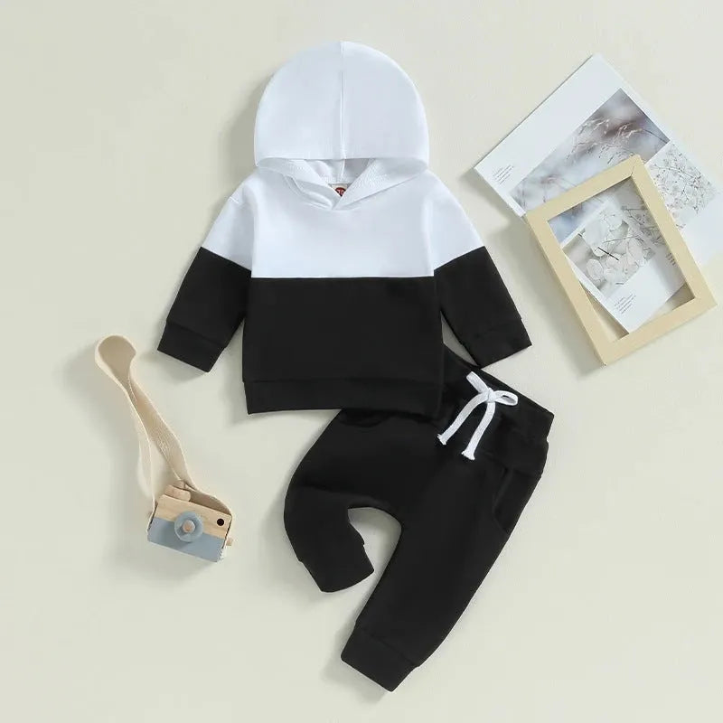 Children's hooded two-piece tracksuit in polyester with cartoon print, black, blue and green, sizes 70cm to 110cm