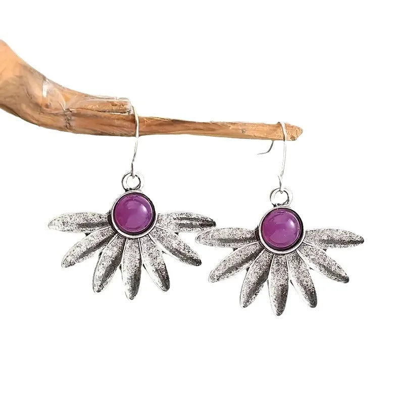 Purple Bohemian plant flower earrings with resin gemstones and animal zodiac modelling