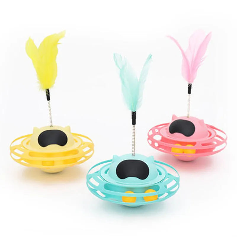 Pink plastic cat stick toy with turntable base measuring 17x10cm for kitten play