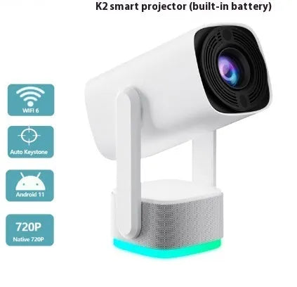 White portable 720p HD video projector with built-in battery, 230ANSI brightness, and remote control for home bedroom use