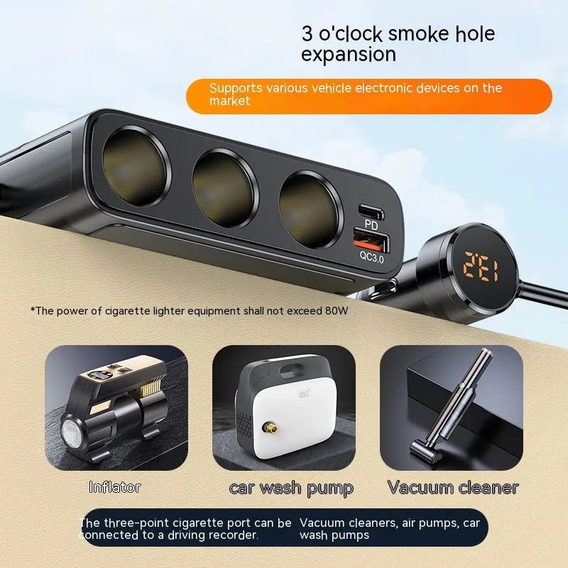 Black vehicle cigarette lighter USB charger with multiple ports showing dimensions 116x71x33mm