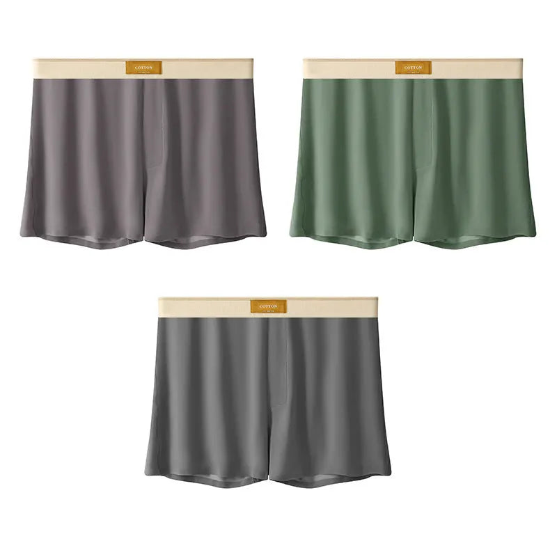 Men's solid colour loose fit ice silk boxer shorts on a mid waist, shown in dark grey.