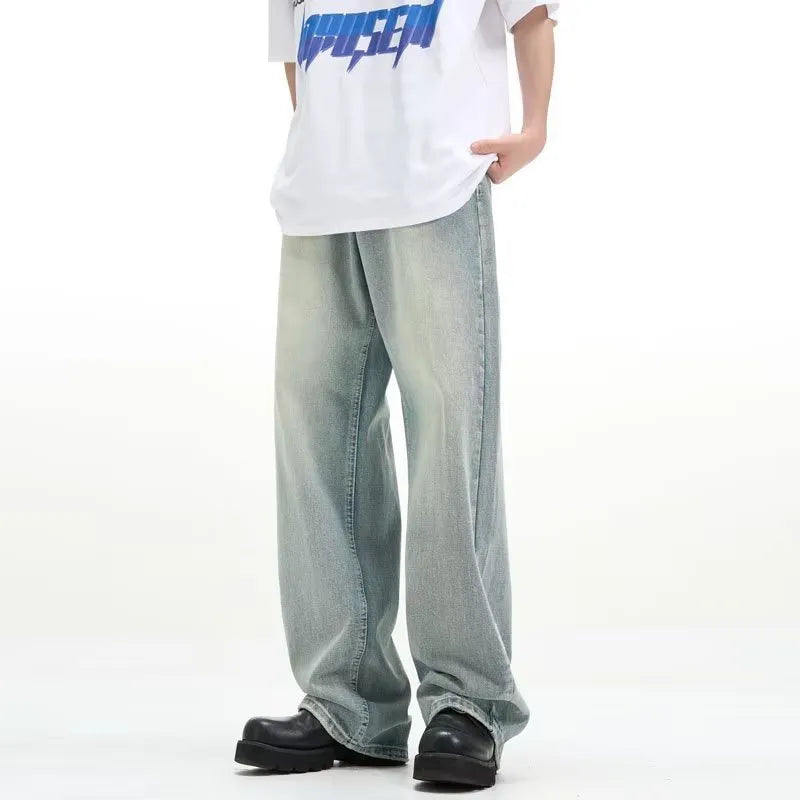 Blue loose-fit retro casual trousers made from high-elasticity rabbit fur fabric on a size chart.
