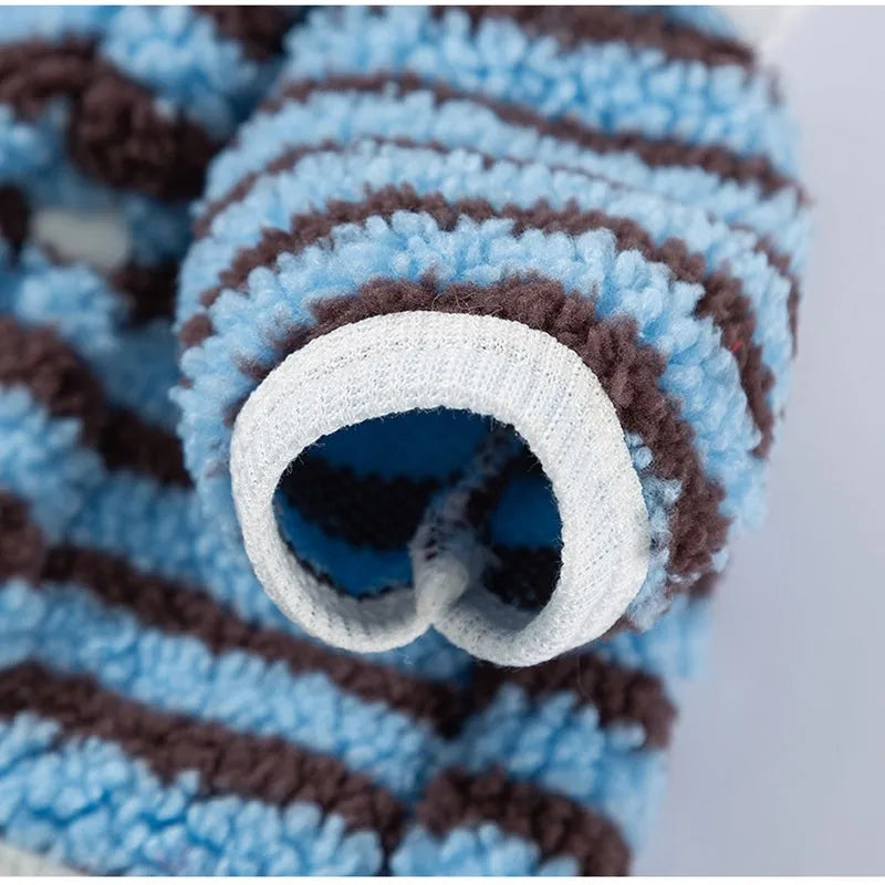 Soft plush blue-brown striped pet shirt button-down front on small dog warm winter fleece puppy sweater