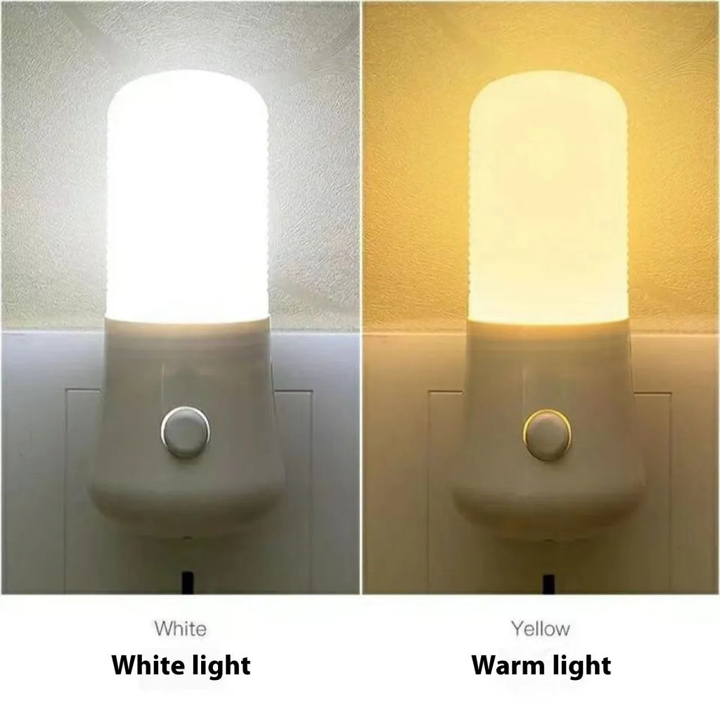 Minimalist plug-in bedside night light showing dual-colour switch and American plug