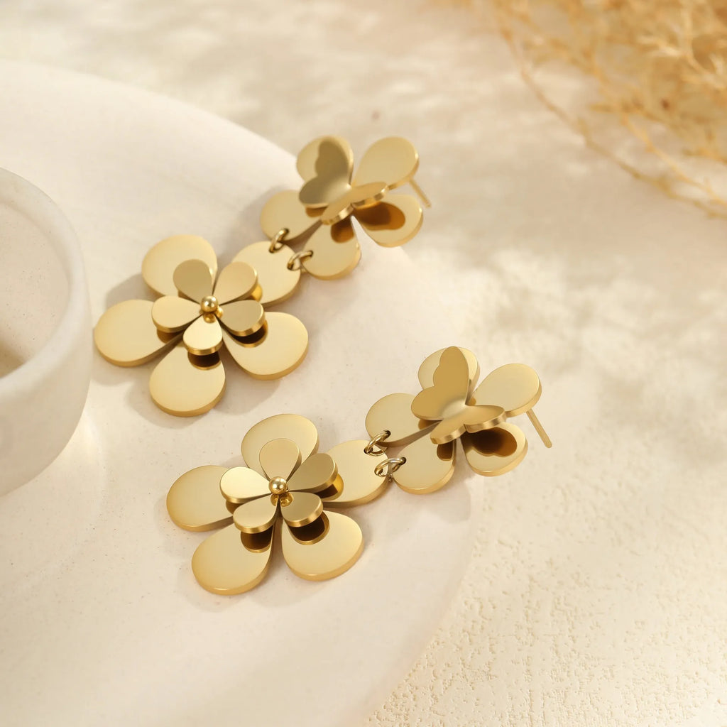 Gold flower butterfly stainless steel dangle earrings for women with 18K electroplating