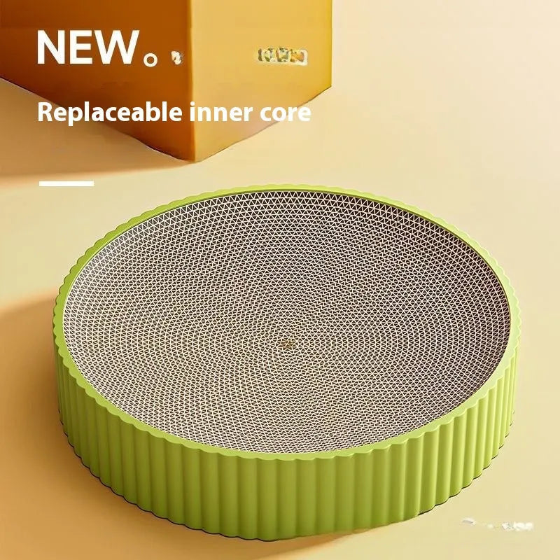 Round 55cm cat scratching board in green or white with corrugated paper surface and replacement packs