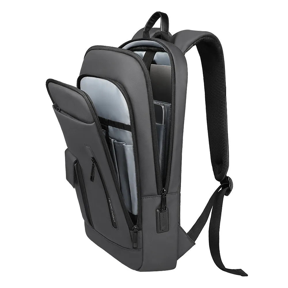 Lightweight Oxford cloth men's backpack in dark gray with sewing line detailing and thin profile