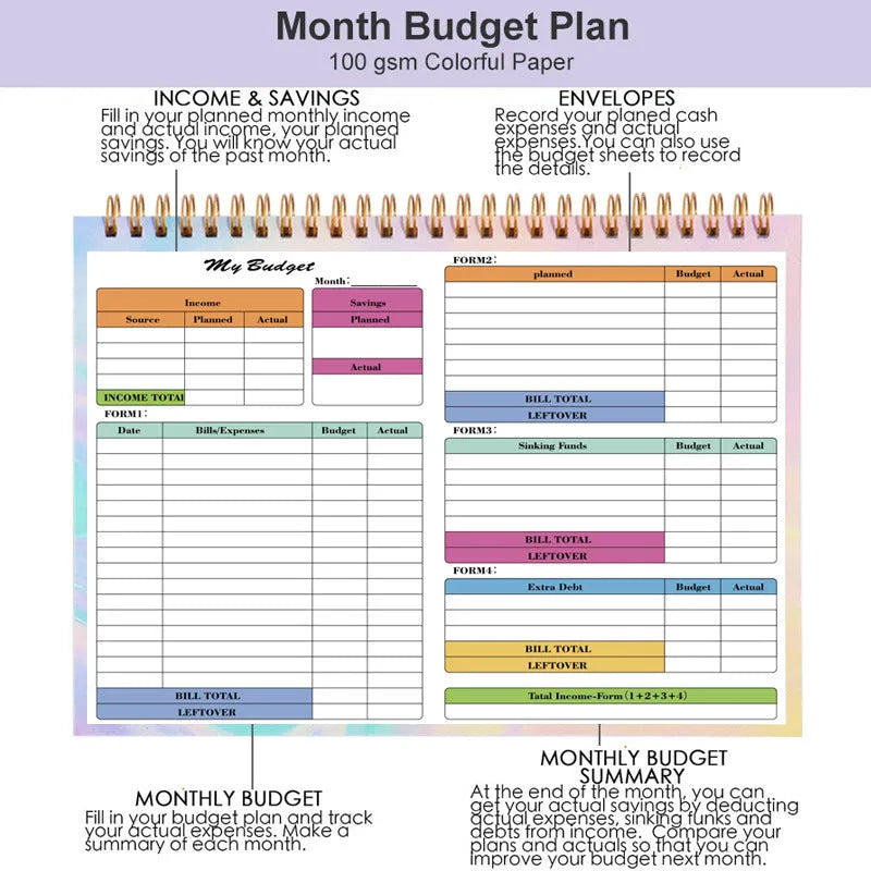 B5 budget tally book with spiral binding and blue PP cover open to show financial tracking pages