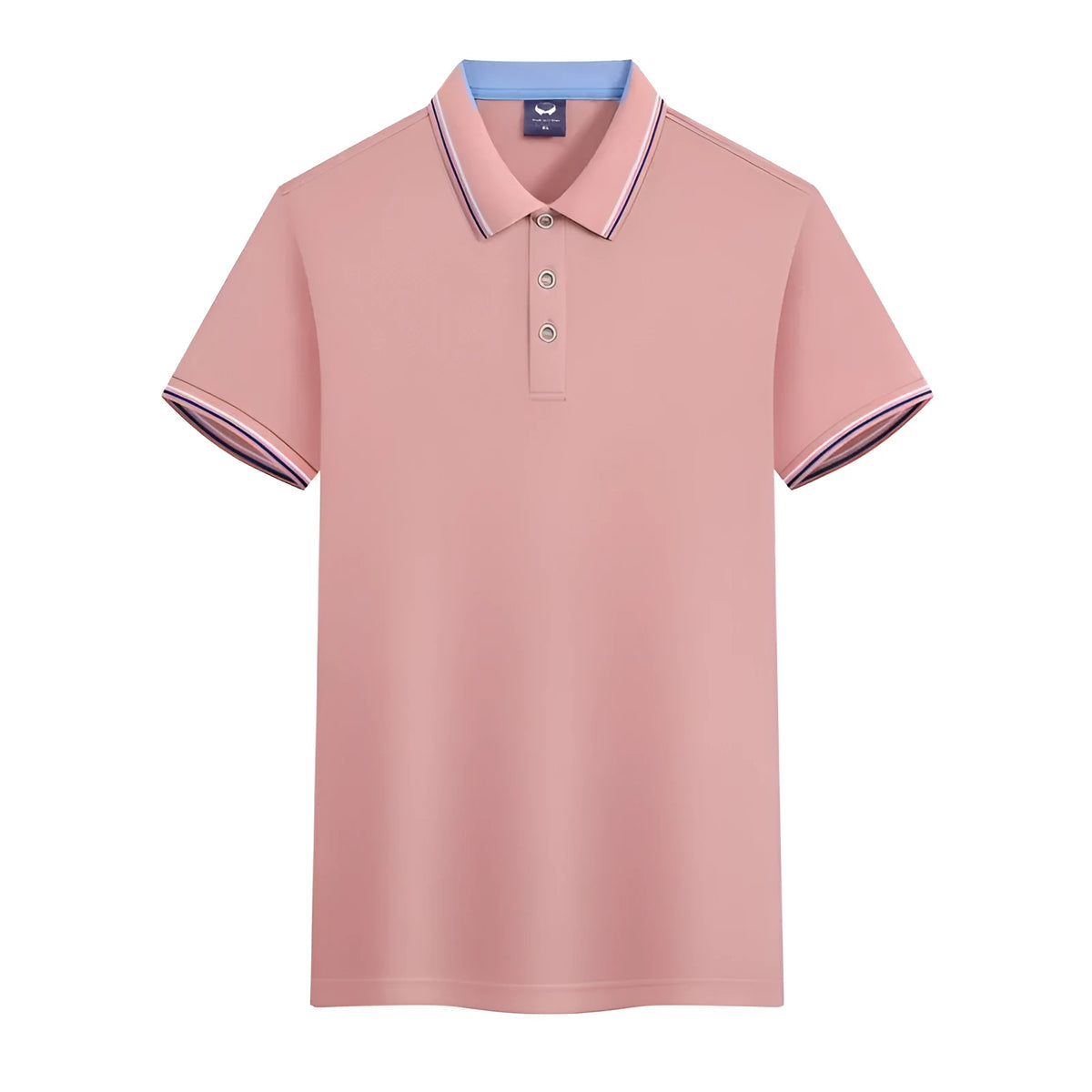 Men's slim fit polo shirt in quick-dry polyester fabric showing colour options including blue gray and dark green