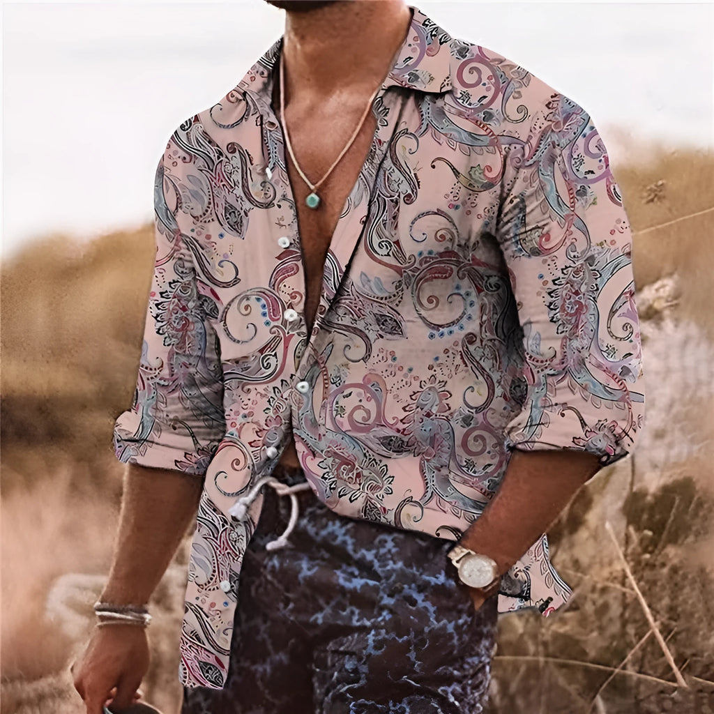 Men's loose fit long sleeve shirt with a colourful 3D floral pattern, on a model.