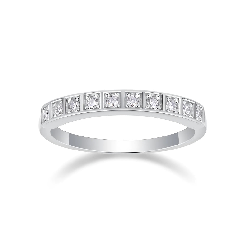 Moissanite wedding ring set on white background, S925 silver platinum plated, less than 0.1 carat stone