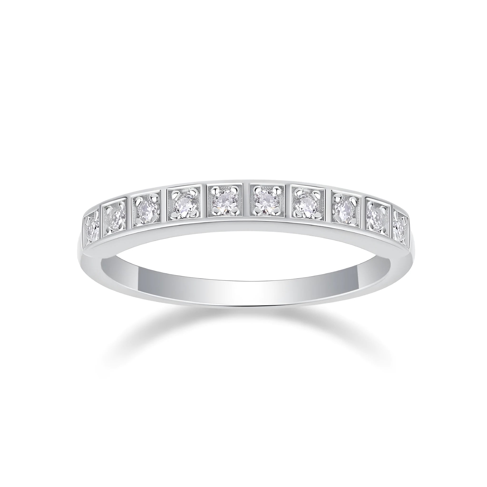 Moissanite wedding ring set on white background, S925 silver platinum plated, less than 0.1 carat stone
