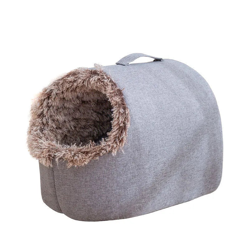 Fleece-lined closed cat sleeping bag nest in grey colour, shown with M size dimensions of 40x30x28 cm.