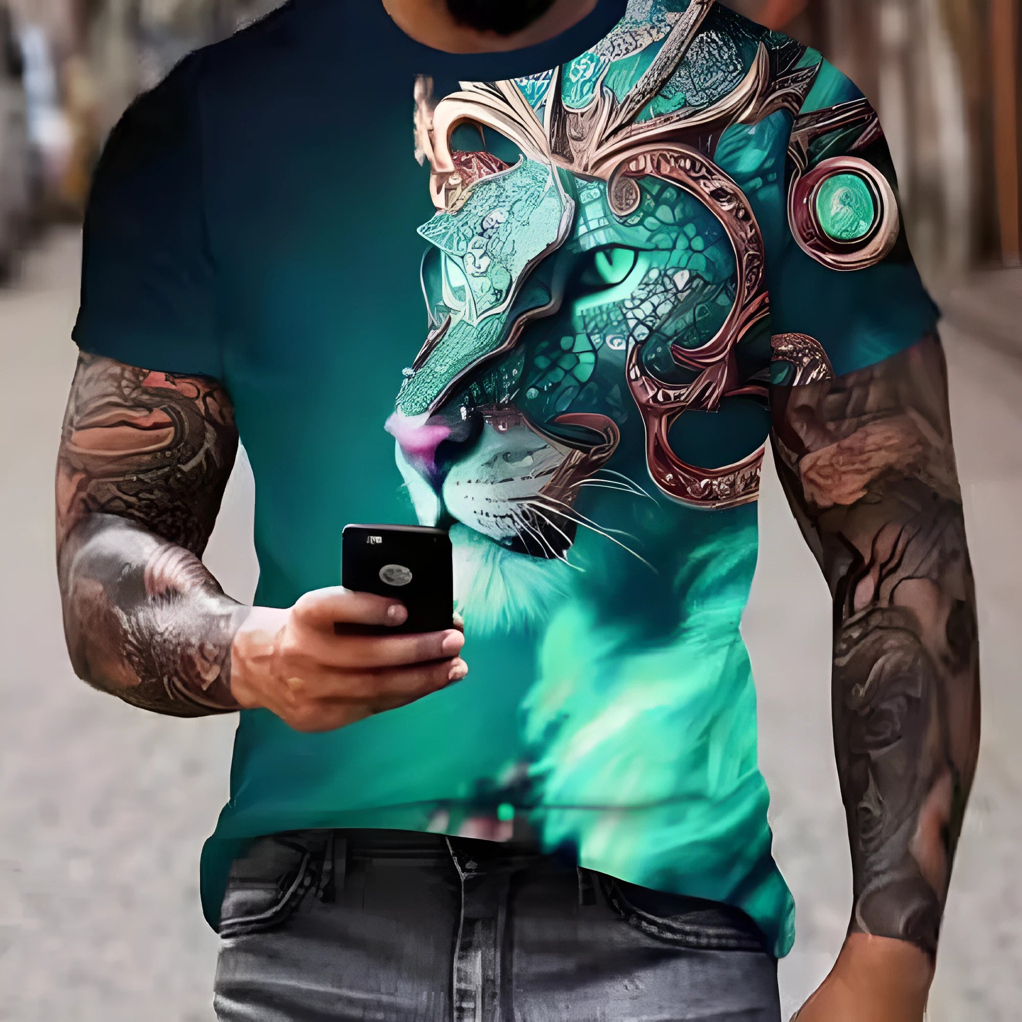 Men's grey t-shirt with a fierce lion's head 3D graphic print on the front.