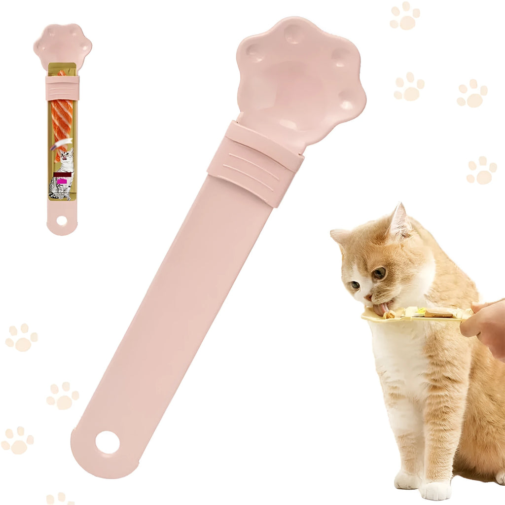 Cat food feeder squeeze tool with blue cat claw shaped spoon and sliding squeezer