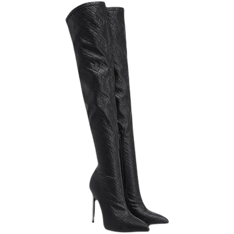 Black PU over the knee boots with stiletto heel, side zipper, plaid pattern, women's size 35-42