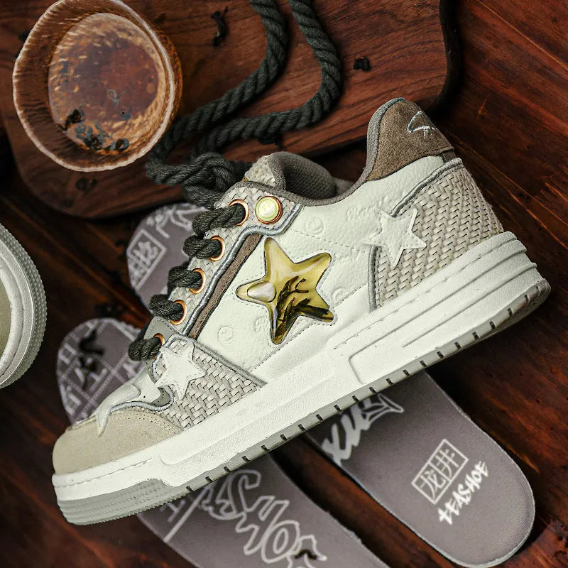 Cowhide leather low-top platform running shoes in 'West Lake Dragon Well Tea' colour with round toe and lace-up front.