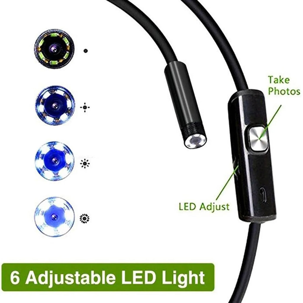 USB-C Android endoscope inspection camera with side mirror, hook and magnet attachments on flexible cable