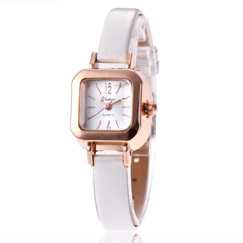 Women's retro fashion watch with 10mm thick alloy case in black, white, pink or brown colours