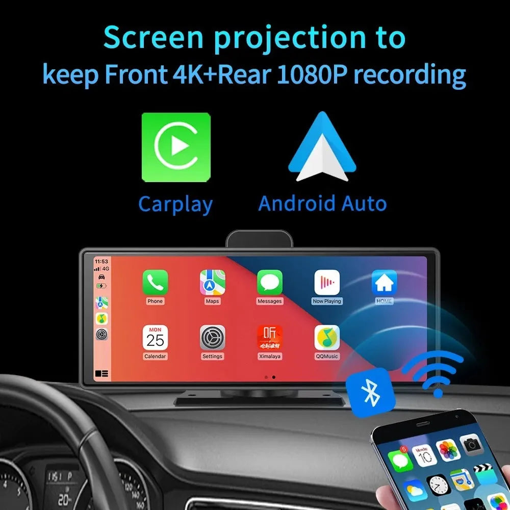 Black car dash cam with 10.26-inch touch screen showing dual camera display