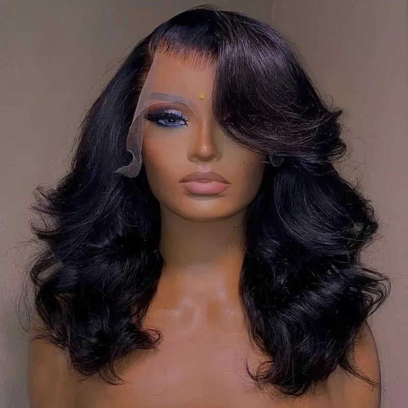 Women's black human hair lace front wig with natural hairline and elastic band on a mannequin head