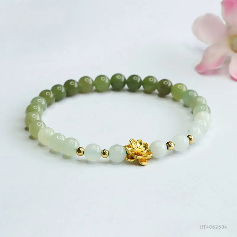 Hand-woven Hetian jade bracelet with 6mm flower beads showing sunshine water gradient colour