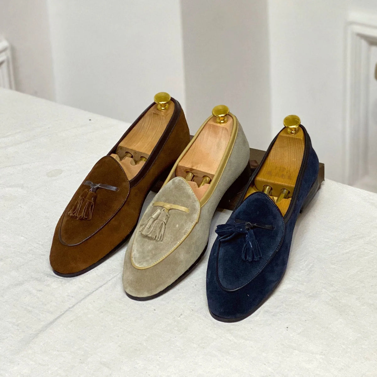 Pair of brown suede slip on loafers made from genuine cowhide leather for men