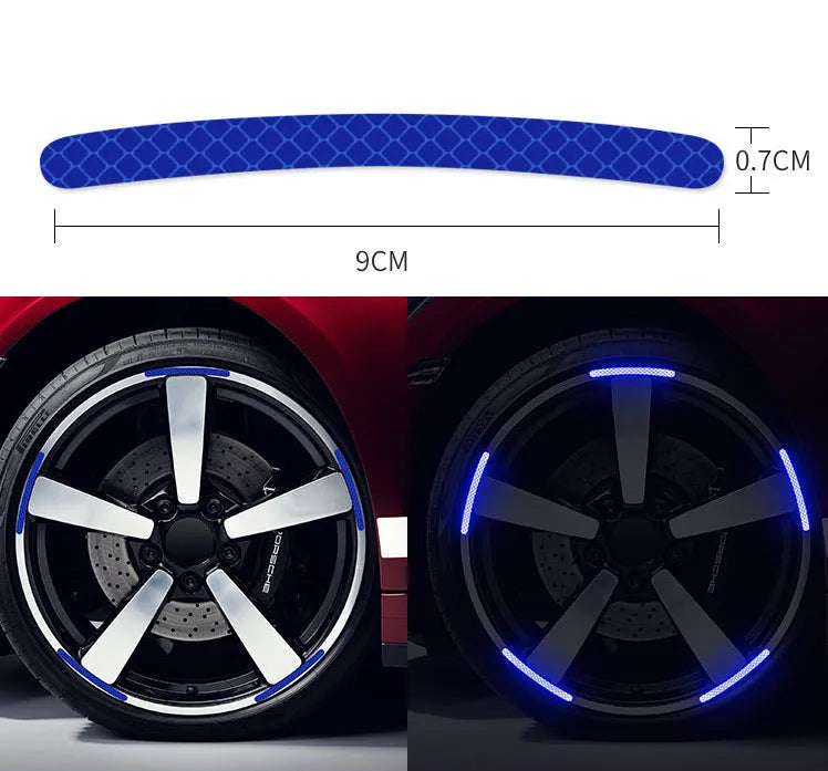 Twenty arc-shaped PVC reflective stickers for car wheel hub application in selected colour