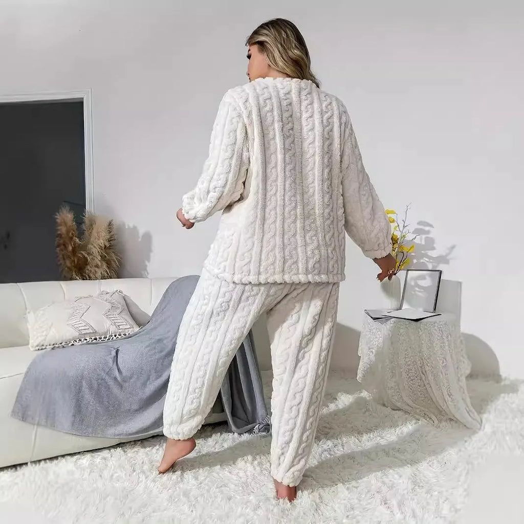 Women's milk white plush two-piece casual set with crew neck top and trousers