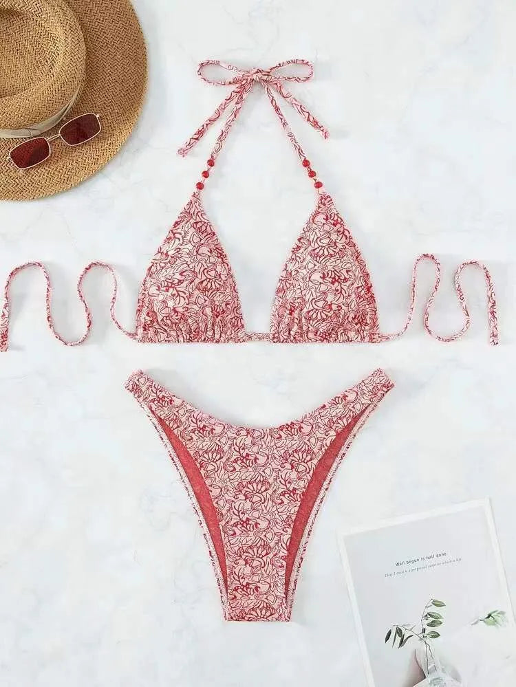 Women's floral halter bikini set with matching shorts in red, sky blue, sapphire blue or emerald green