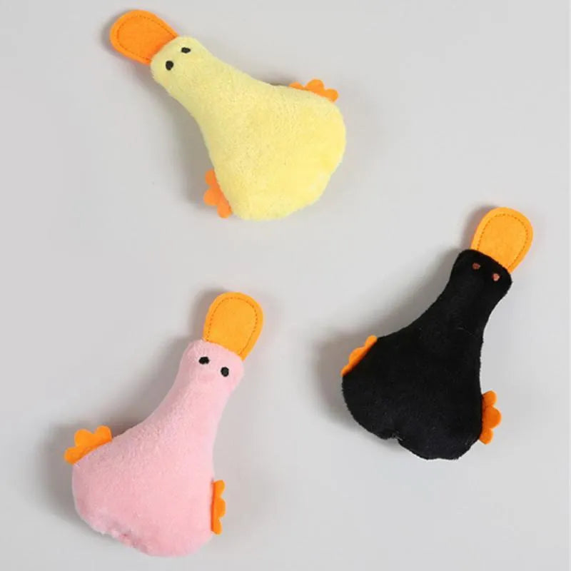 Duck-shaped plush pet toy with squeaker and catnip filling in various colours