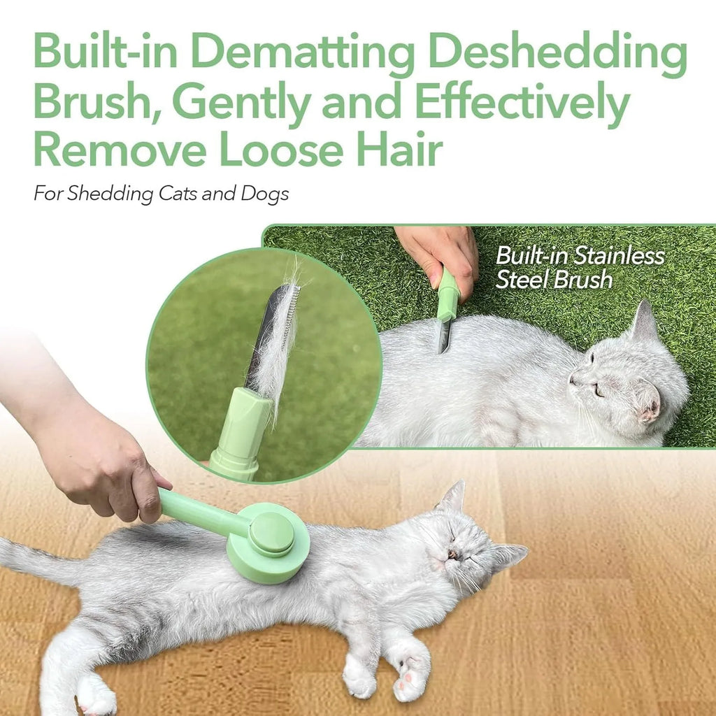 Green and yellow 2-in-1 stainless steel pet deshedding brush with hanging loop