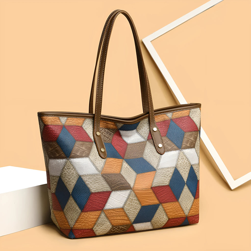 Women's large capacity PVC handbag in blue brown colour with outer sandwich pocket organisation