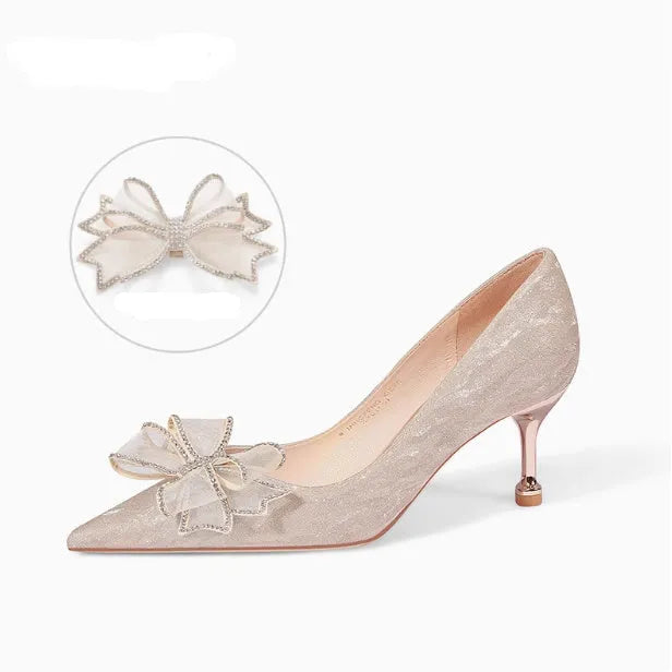 Champagne crystal sequin pointed stiletto heels with low-cut vamp for wedding banquets