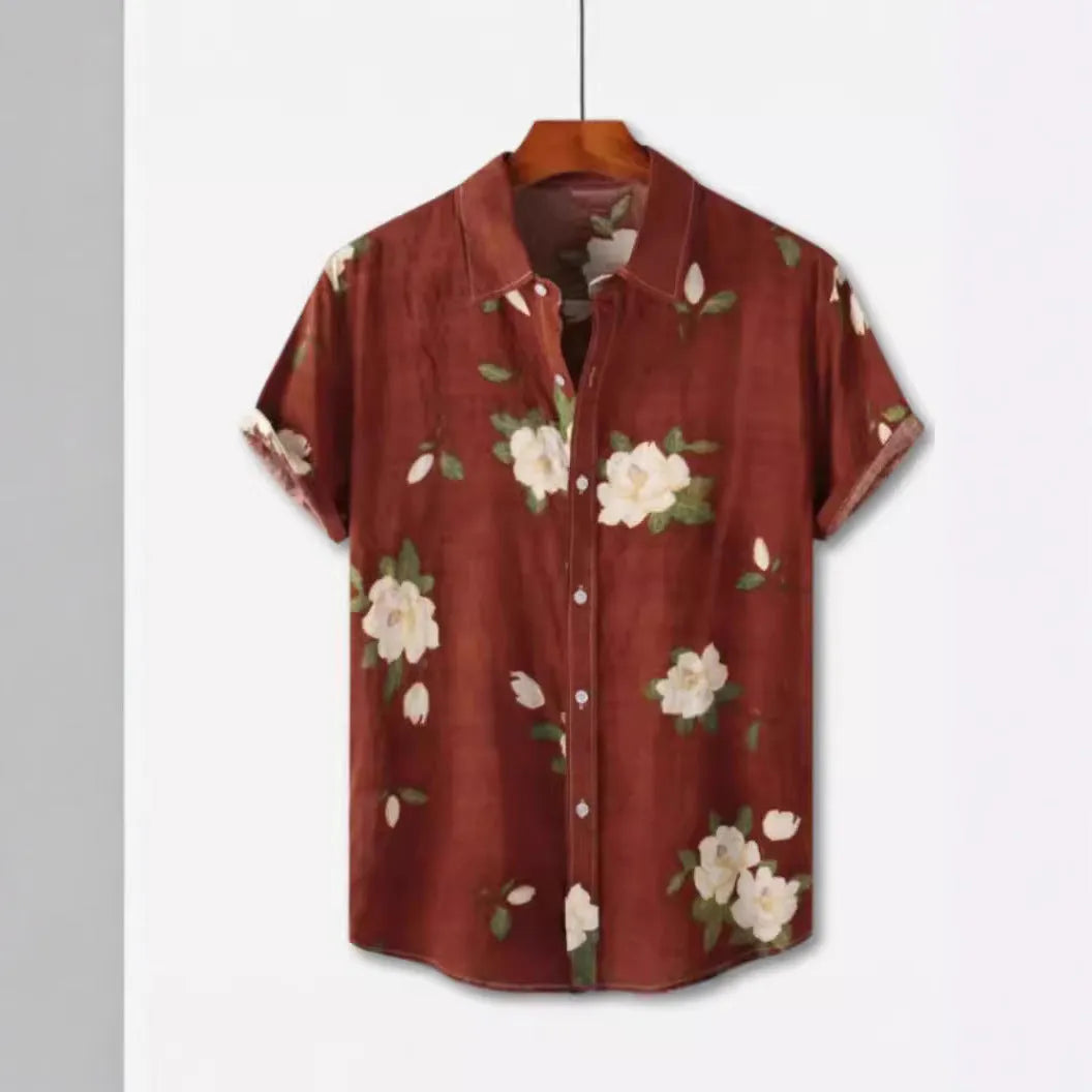 Hawaiian print short sleeve cardigan shirt with floral digital pattern on elastic polyester fabric