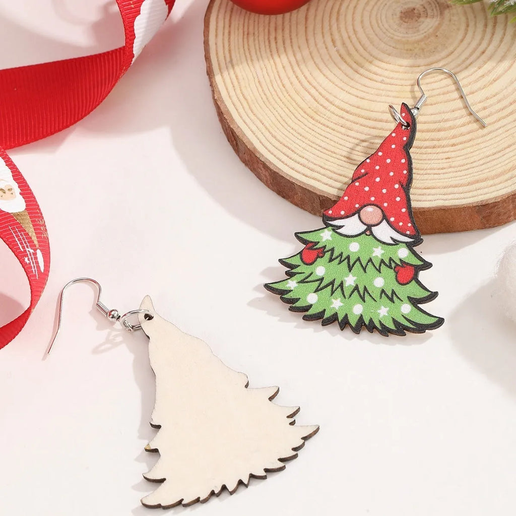 Women's wooden Christmas earrings with geometric shapes featuring Christmas tree and snowman designs