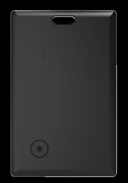 Black slim Find My compatible Bluetooth tracking card with rechargeable battery for keys and wallets.