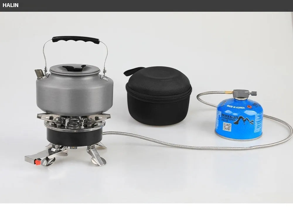 Silver portable split camping stove with fuel hose, shown folded, for outdoor picnic and backpacking.