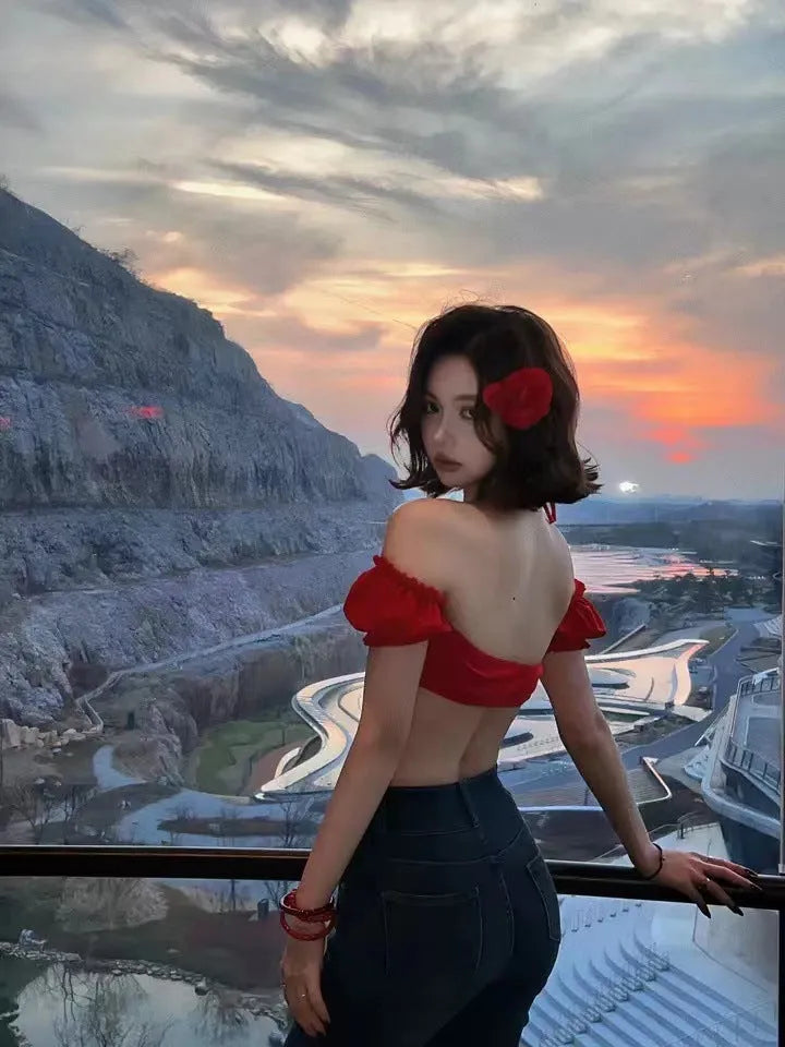 Red women's bikini swimsuit with puff sleeve skirt design in nylon fabric