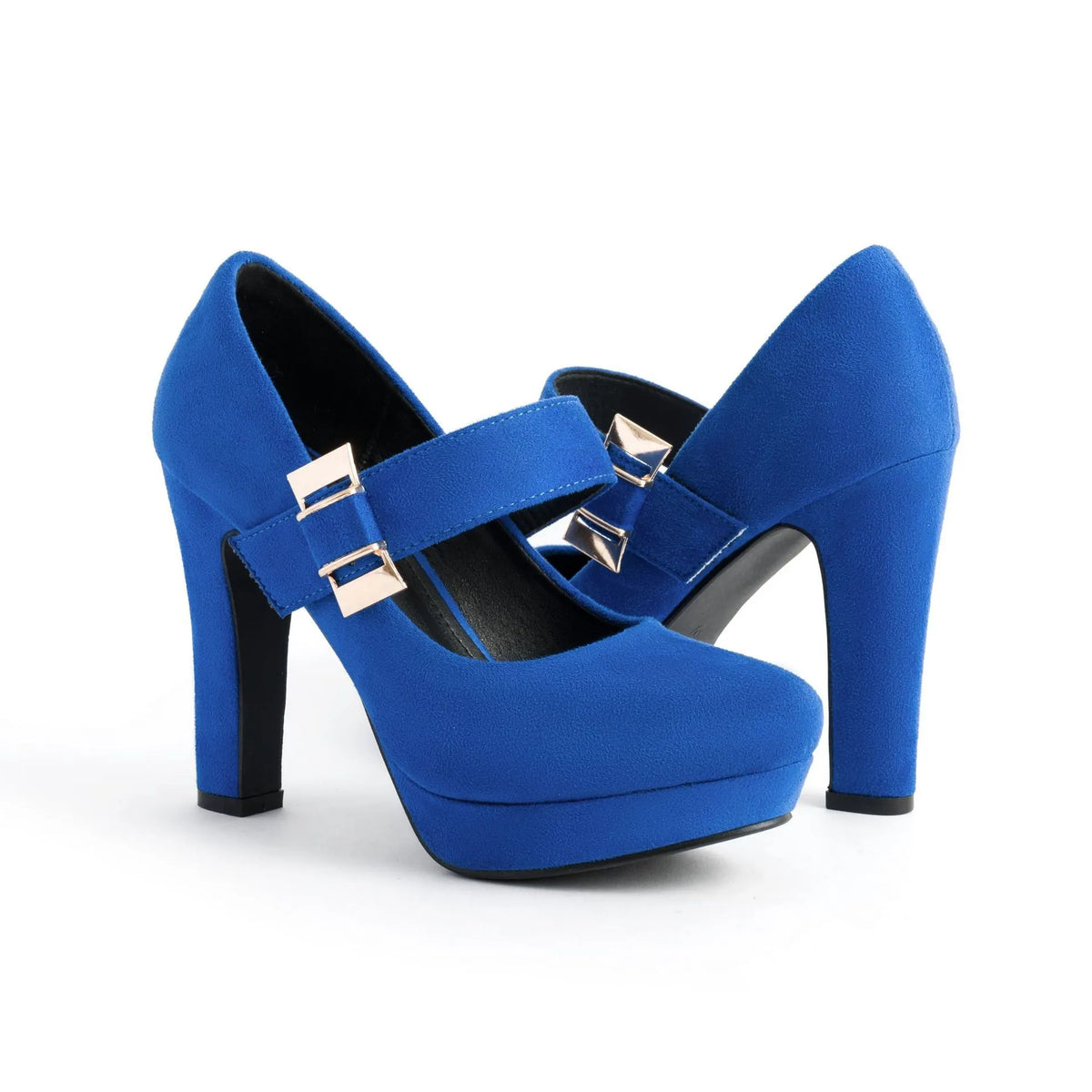 Women's platform chunky heel sandals with 6-8cm heel, PU cloth upper, rubber sole, in blue, black, or rose red